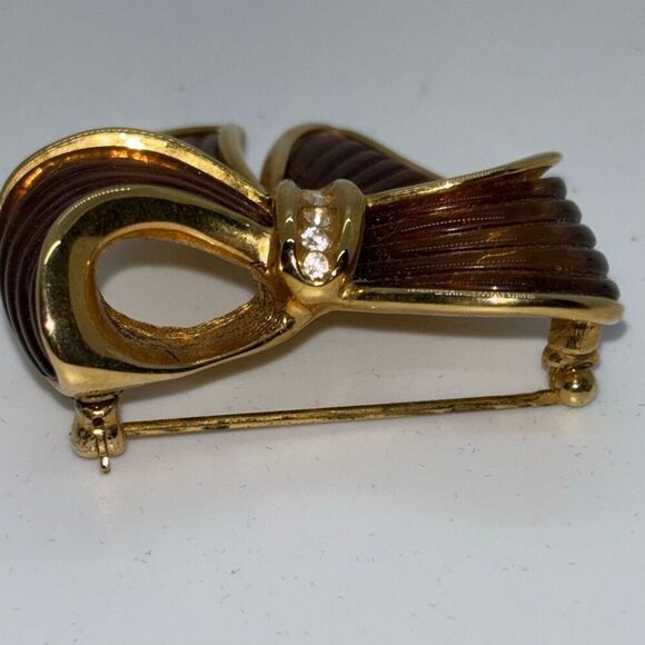 Joan Rivers Vintage brown ribbon bow amber resin crystals lucite brooch pin +box - Picture 4 of 9